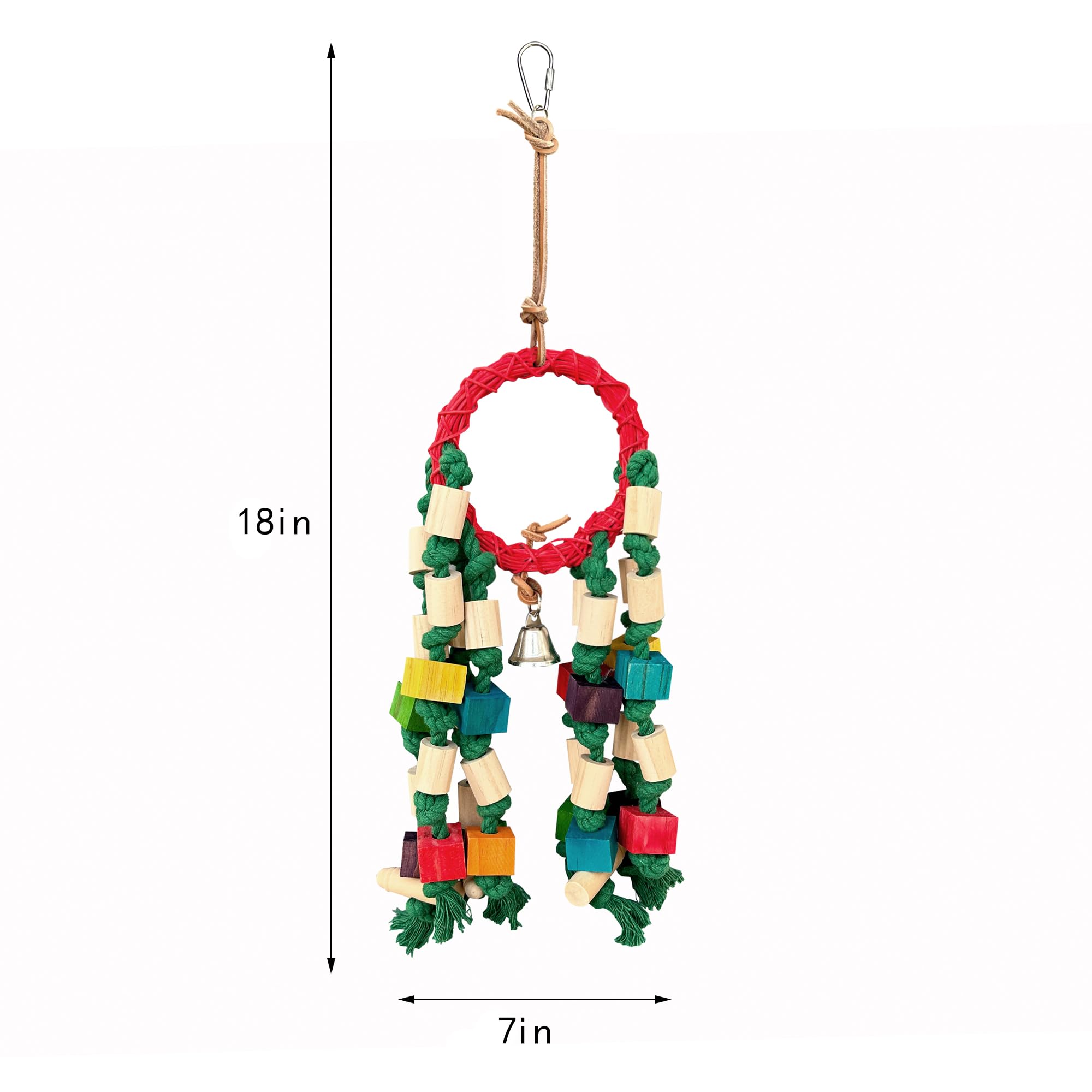 LUCKITTY 18in Natural Parrot Toys for Small & Medium Birds- Chew Toys with Rattan Ring, Cotton Rope & Wood Blocks, Colorful Eco Cage Accessories for Budgies, Cockatiels, Lovebirds, Conures - image 4