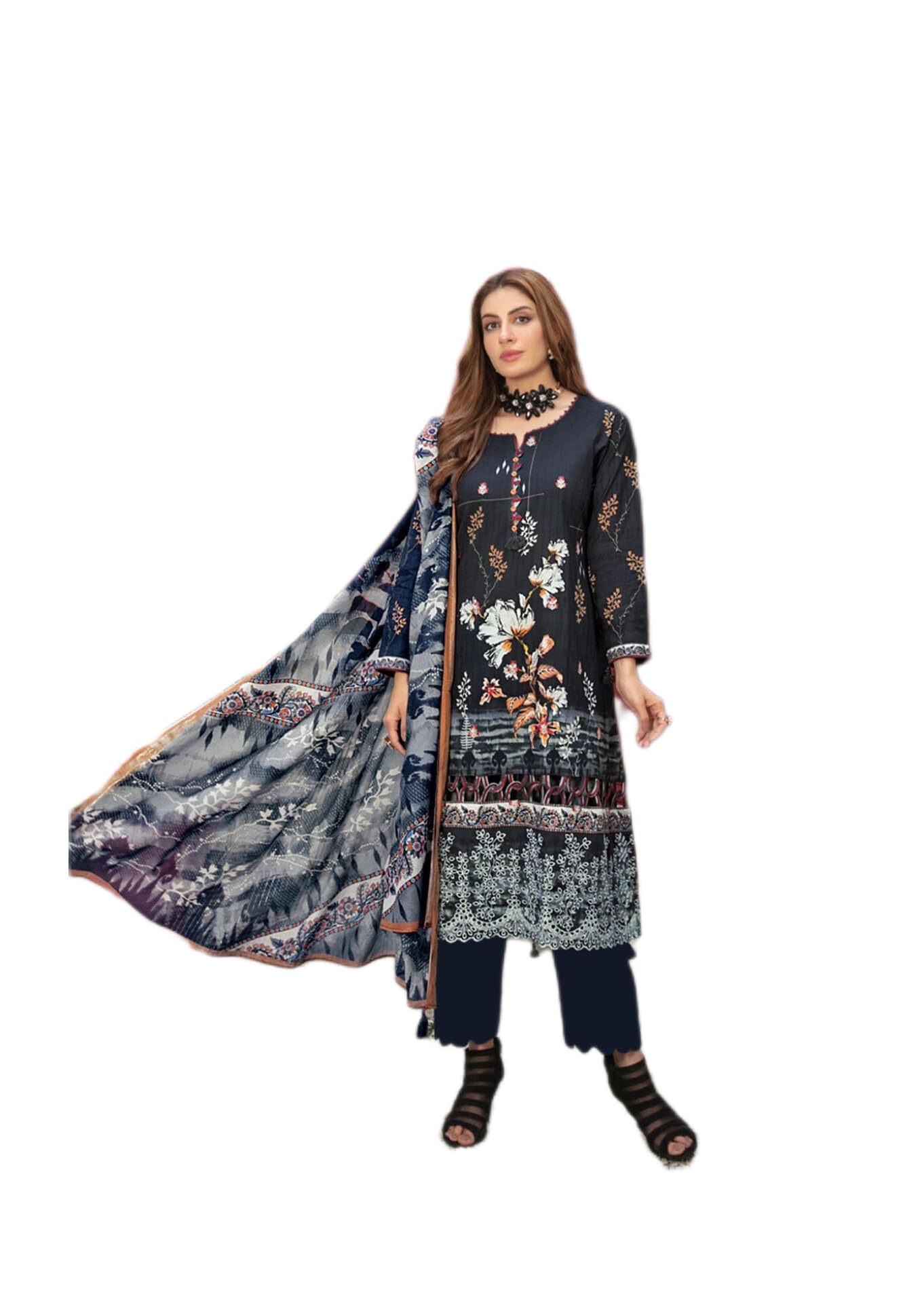 Divine CollectionUnstitched Pakistani printed dress material with embroidery patch work and digital printed chiffon dupatta (005)