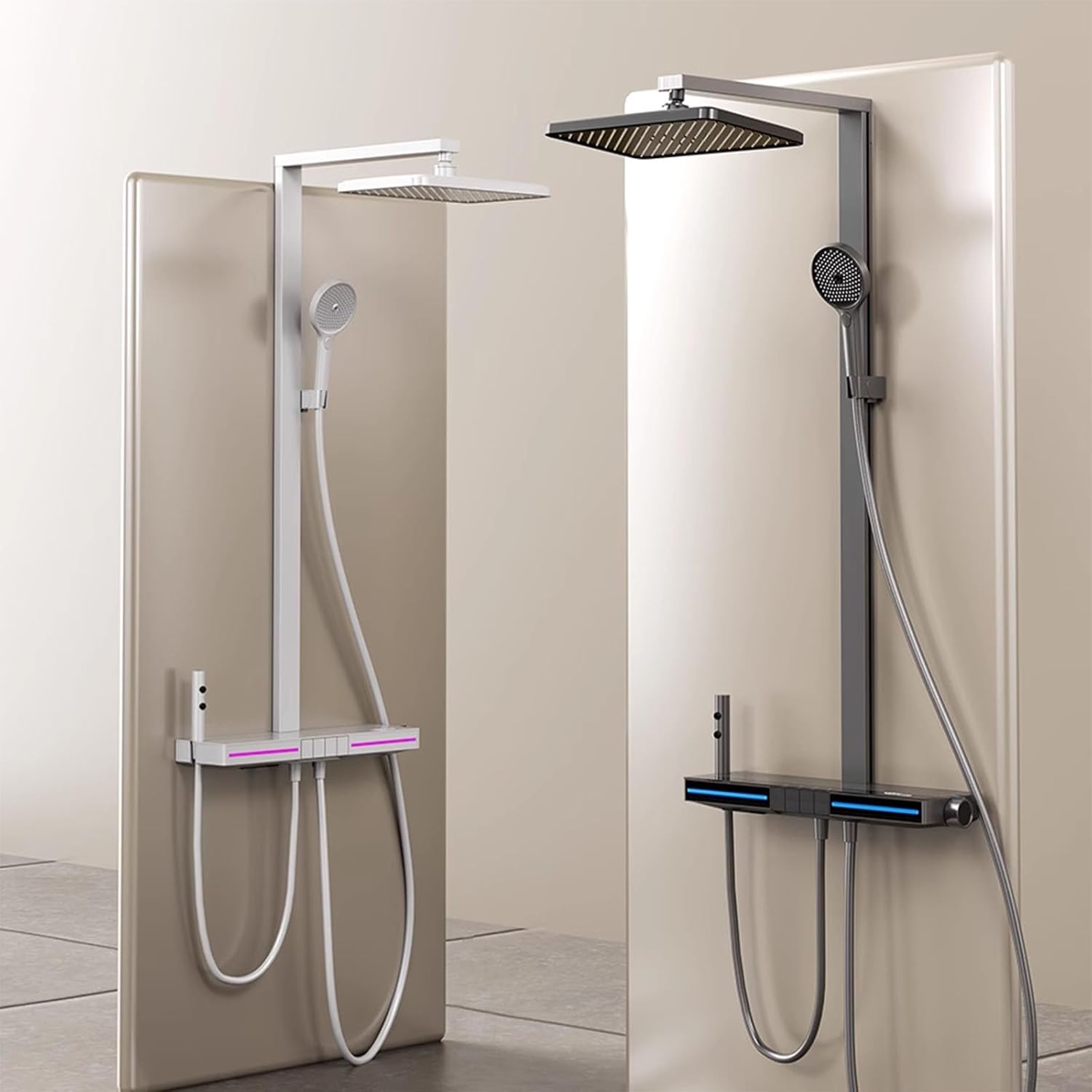 Shower System, Wall-Mounted Shower Set, Full Copper Piano Thermostatic Digital Display Shower, Ambient Light, Shelf, Adjustable Lifting Rod (White Constant Temperature)