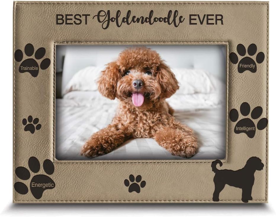 BELLA BUSTA - Best Goldendoodle Ever-Dog photo frame-Dog Lover Gift-Engraved Leather Picture Frame (5 x 7 Vertical)