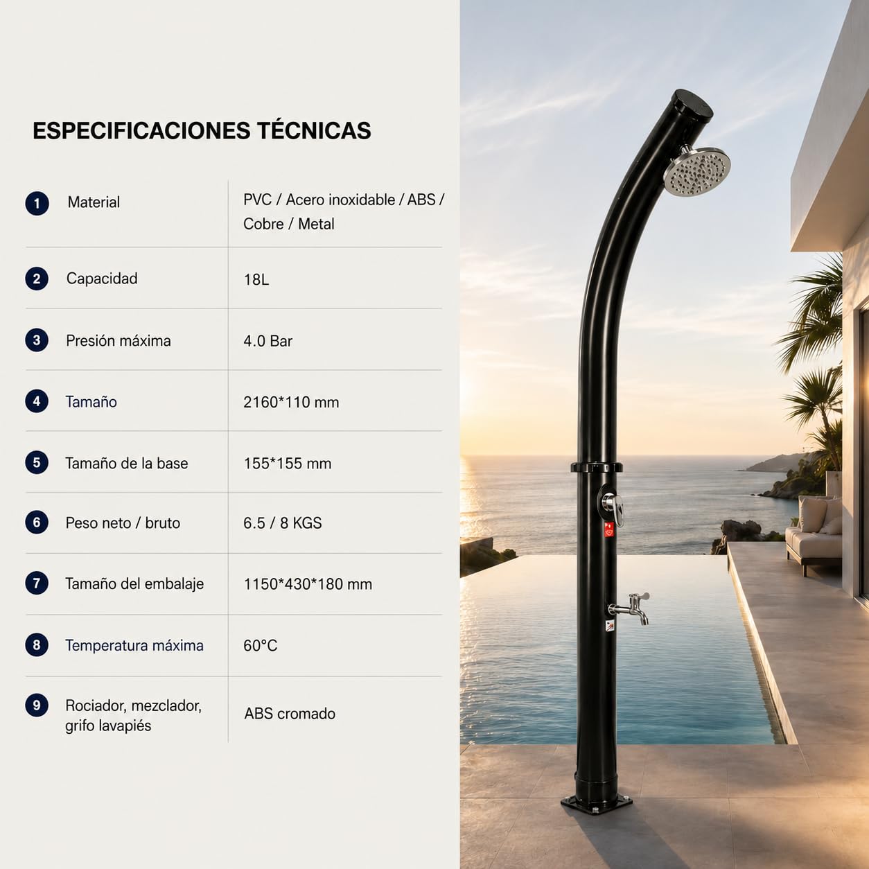 Ducha Solar Exterior 18 L jardín y Piscina con Mezclador y Grifo lavapiés – Depósito PVC Acero Inoxidable, Temperatura 60 °C, 216 cm, Base compacta, sin Electricidad