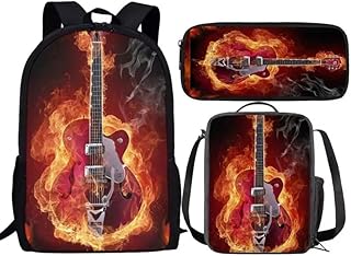 AmzPrint 3 In 1 Flame Fire Guitar Backpack And Lunch Bag Set For Girls Elementary 17 Inch Childrens School Backpacks Black