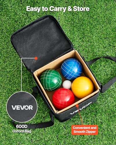 VEVOR Boccia Set mit 8 Harzkugeln (90 mm) & Kügelchen &Tragetasche (schwarz) & Messseil, Rot/Grün/Blau/Gelb, für 2 bis 8 Spieler, Boccia Spielset für Strand Rasen Familiengarten Outdoor