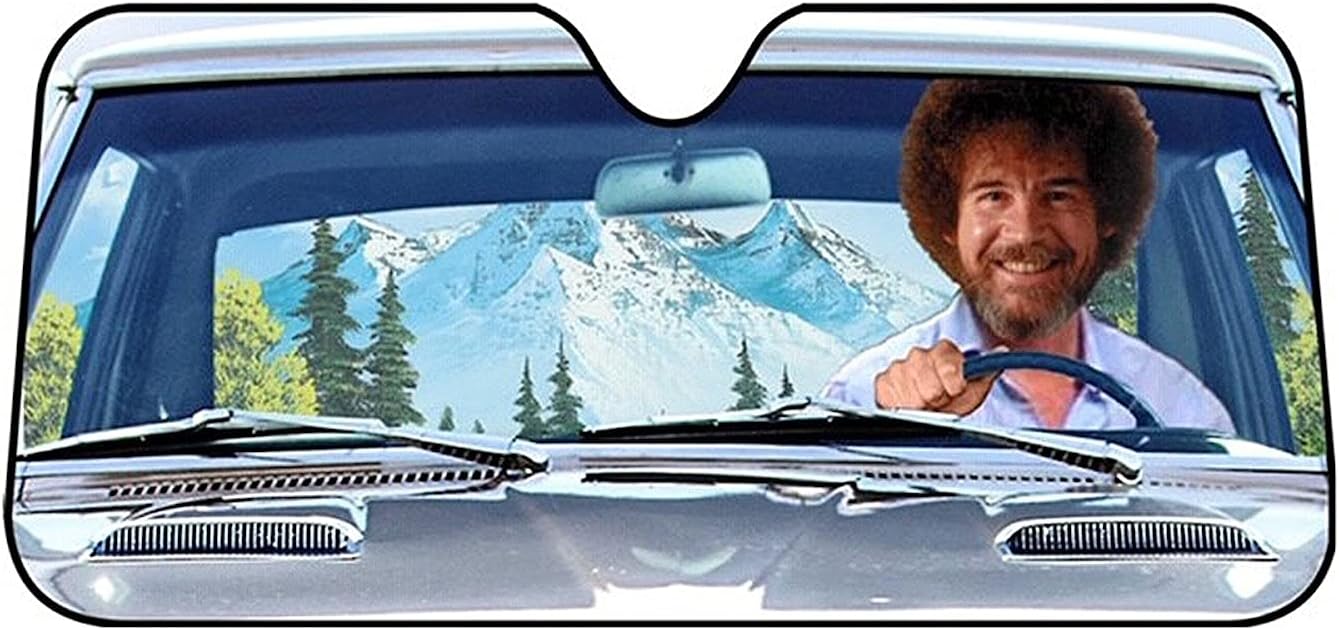 Bob Ross Car Sun Shade - Funny Auto Windshield Sunshade Screen Cools Vehicle Interior - 58" x 27 1/2"