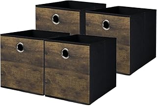 4 Pack Durable Storage Cube Bin with Decorative Wood Grain,Thickened Fabric Box,Storage Basket for Shelves,Closet,Storeroom,Bedroom,Living Room,Nursery,Office,Dorm,12.6x12.6x12.6in, Brown with Black