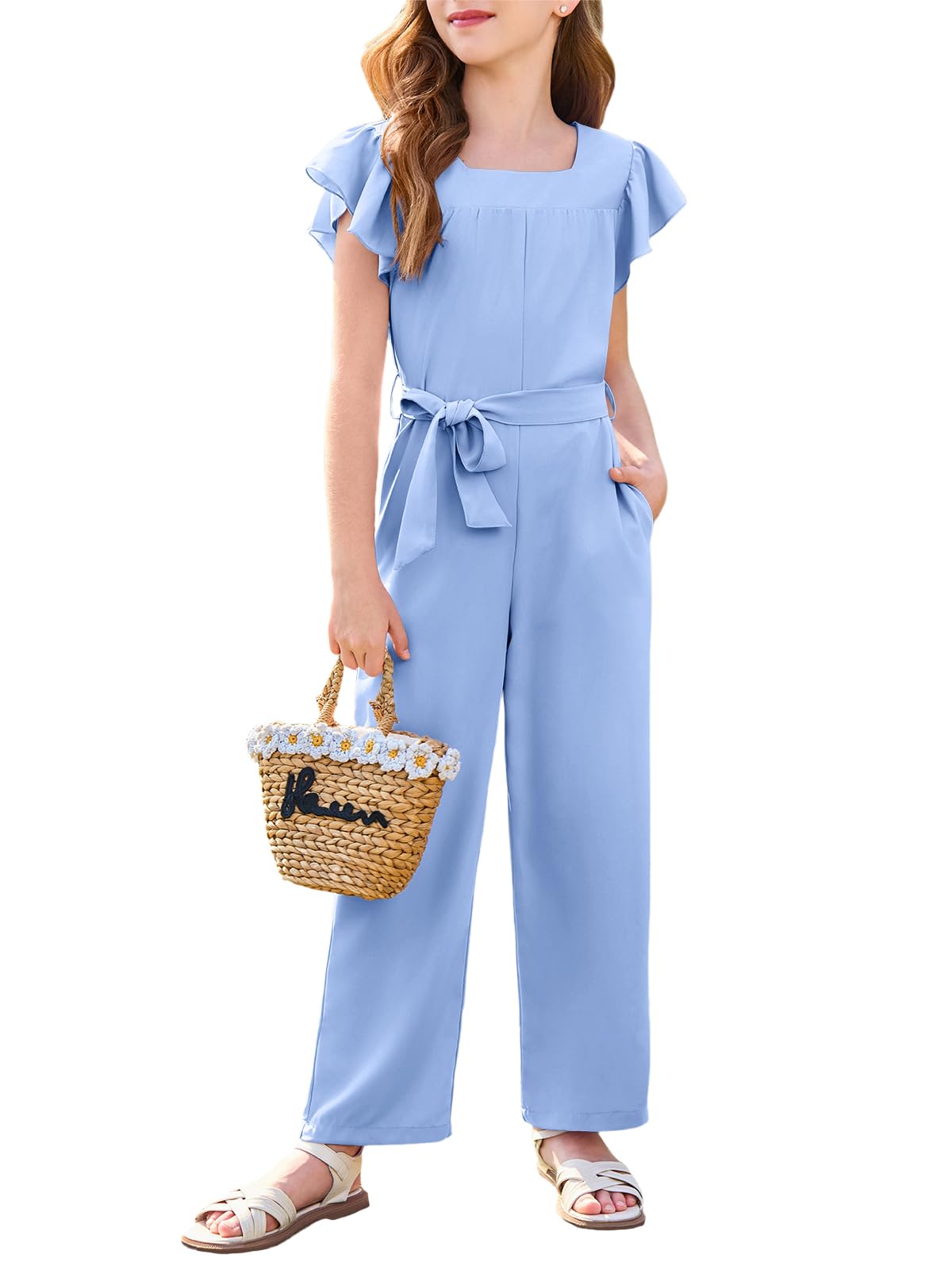 Haloumoning Girls Jumpsuit Kids Fashion Square Neck Ruffle Sleeve Belted Wide Leg Romper with Pockets
