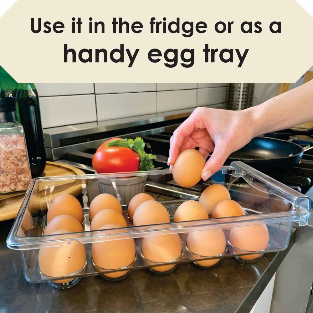Egg Drawer Holder for Refrigerator - Adjustable Egg Rack Dispenser With Snap-On Installation to Organize And Protect Eggs in Your Fridge - Clear Egg Storage Container Bin And Wisker 2pc Set