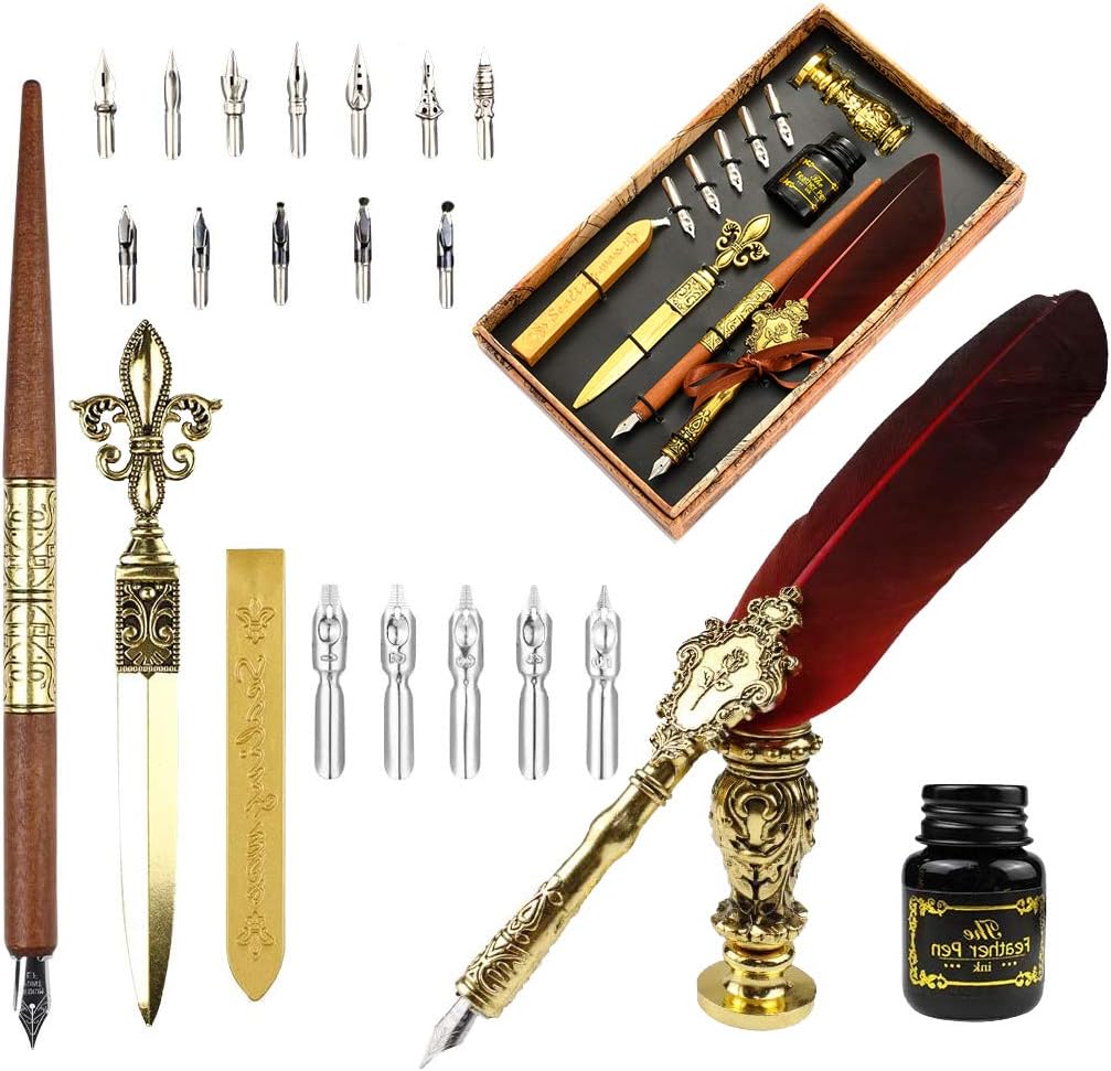 Amazon 万年筆 羽 ペンセットフェザーディップペンと17個の交換用ペン先 ワックスシールスティック 木製つけペン 2 In 1シールスタンプ ペン先ベース 封筒 レターオープナー付き 万年筆 文房具 オフィス用品