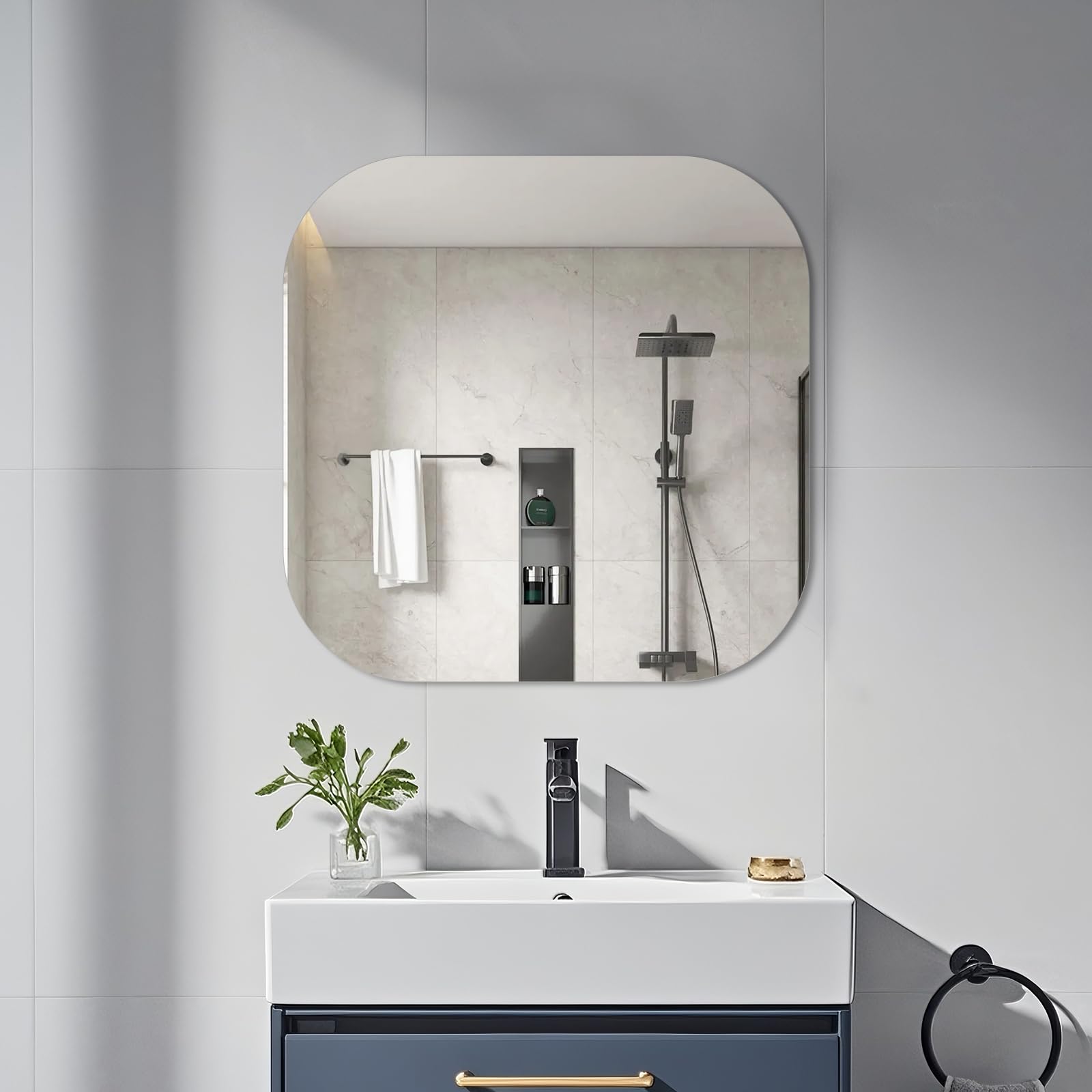 Specchio da parete senza cornice 40 x 40 cm – HD Specchio da bagno quadrato – Vetro di sicurezza spesso 5 mm con bordi lucidati – Piastrella a specchio per bagno, guardaroba e casa fitness