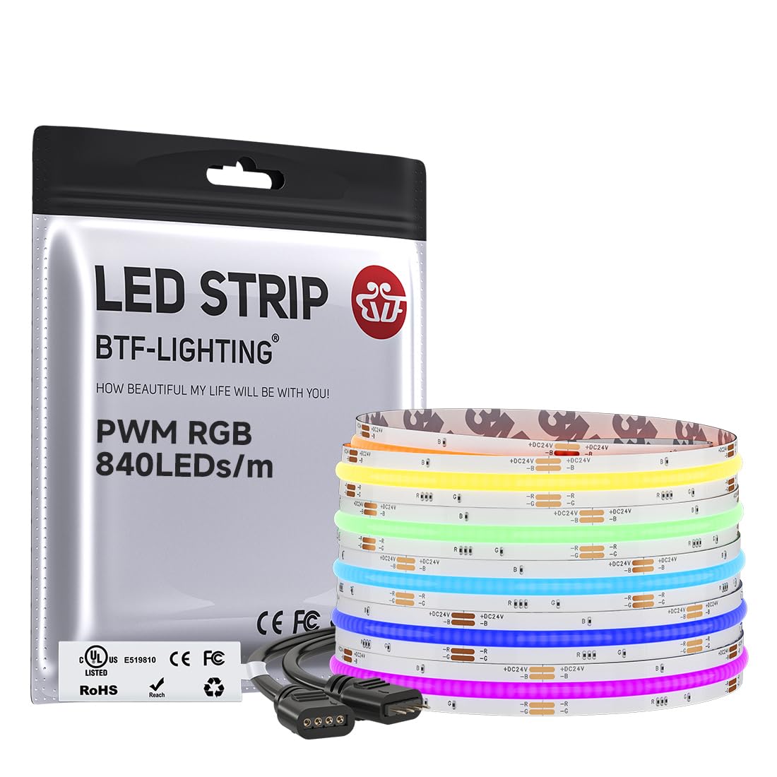 BTF-LIGHTING 16.4FT UL Listed RGB COB LED Strip DC24V Color Changing Light