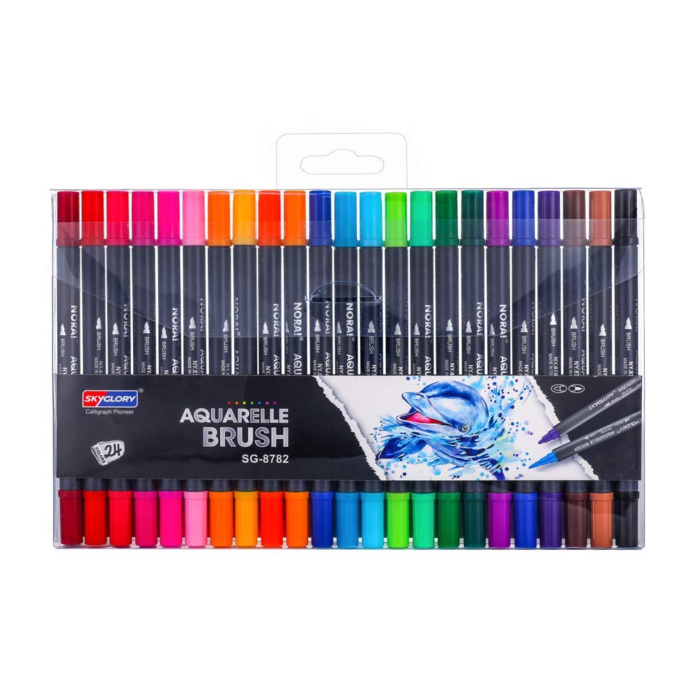 Shoppertize Skyglory Double Side Watercolour Brush Pen Set, Aquarelle Brush Pen - Set of 24(Glass)
