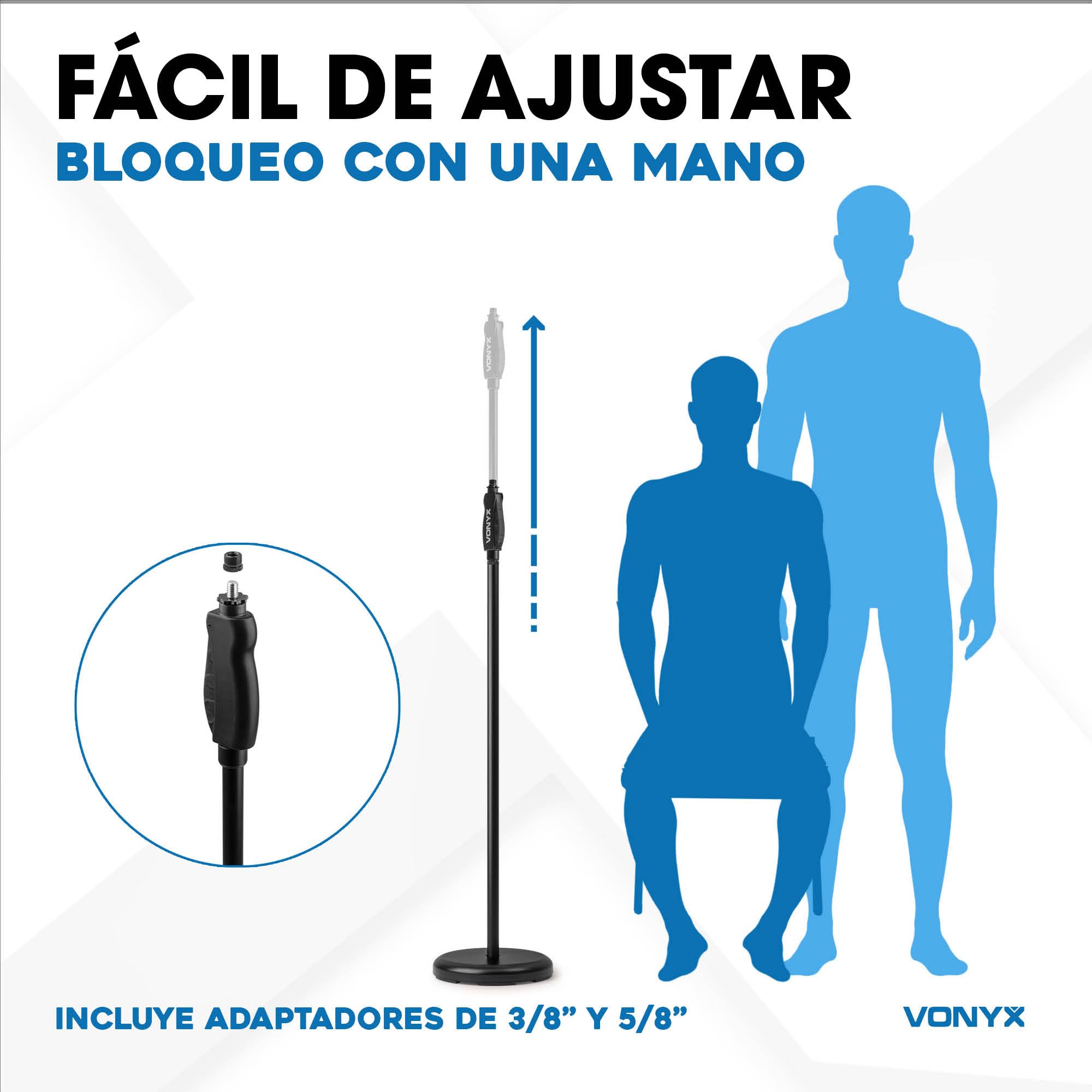 VONYX MS110 Pie de micrófono resistente con adaptadores de 3/8« y 5/8» para uso en estudio y en directo, ajuste de altura con una sola mano, tubo metálico negro y con base de peso estable.