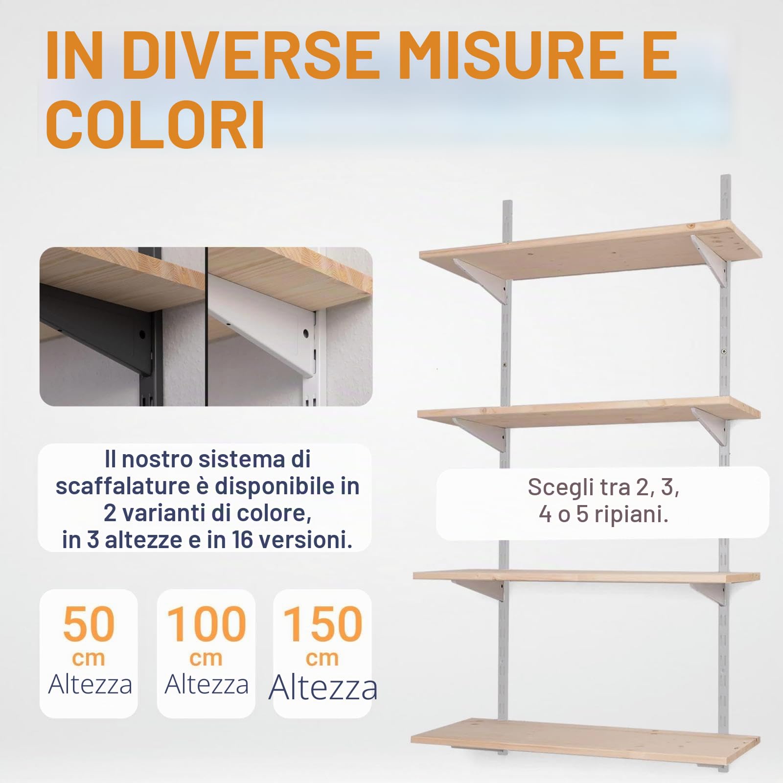 Scaffale da parete in metallo con ripiano, scaffale in 50 varianti, altezza: 50 cm, 2 ripiani da 80 x 50 cm (larghezza x profondità), colore: bianco, sistema di scaffalatura a binario