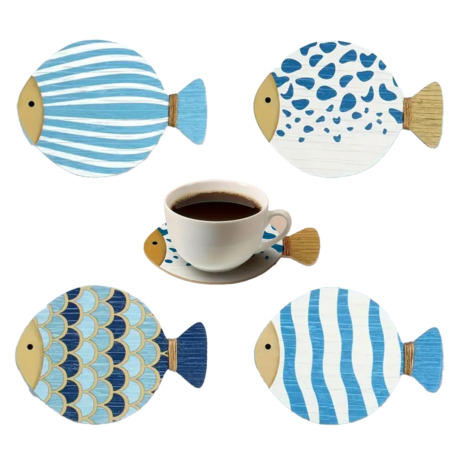 Juego de 4 Posavasos de Madera en Forma de Pez, Tema Oceánico Azul y Blanco | con Dibujos únicos Pintados a Mano, Posavasos Ecológicos Resistentes al Calor y Antideslizantes para Tazas, Regalo Costero