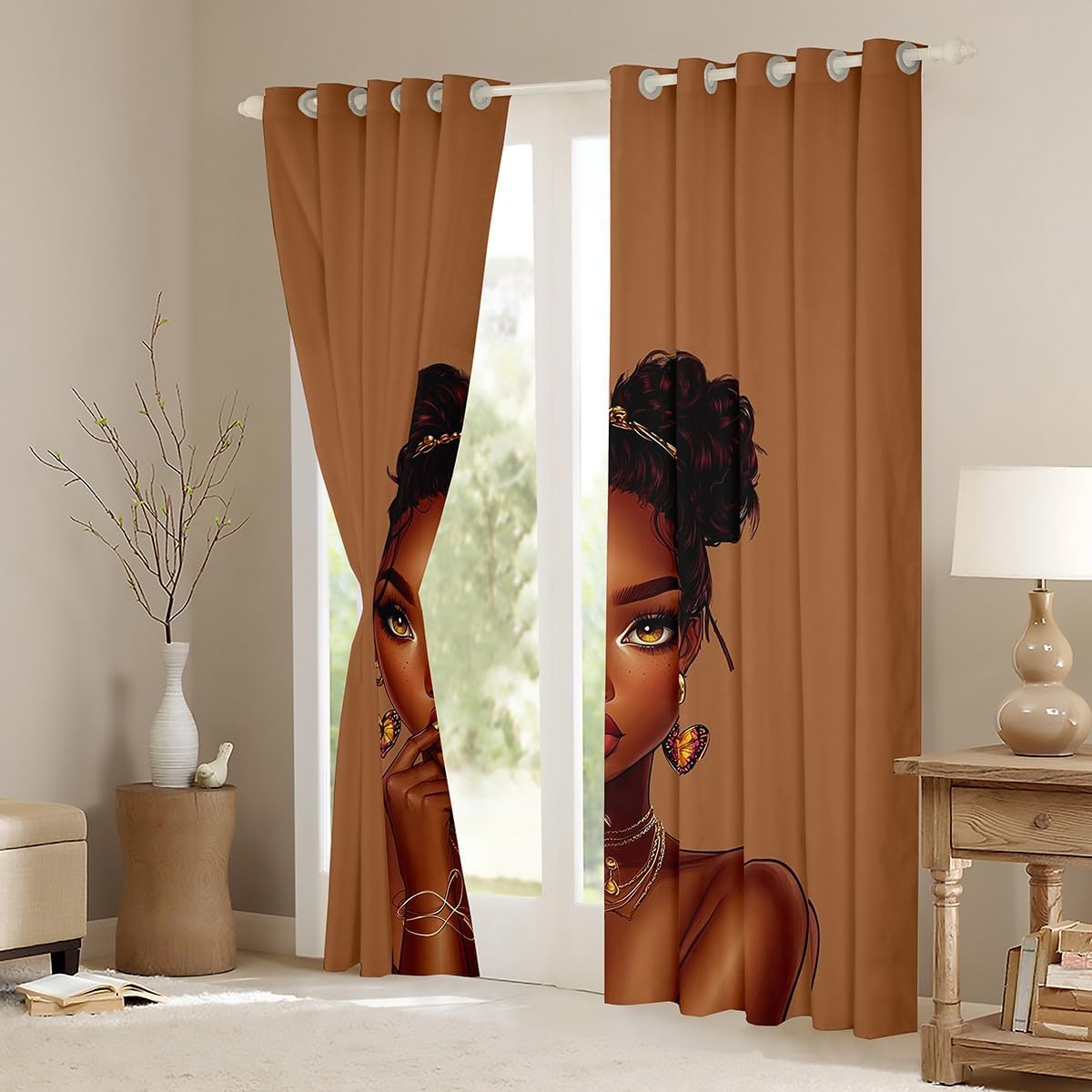 African Ethnic Girl Curtains for Bedroom 42Wx84L,Juneteenth Theme Black Skin Women Windows Drapes Block 30%-50% Light,Modern Fashion Grommet Window Treatment Room Decoration,2 Panels