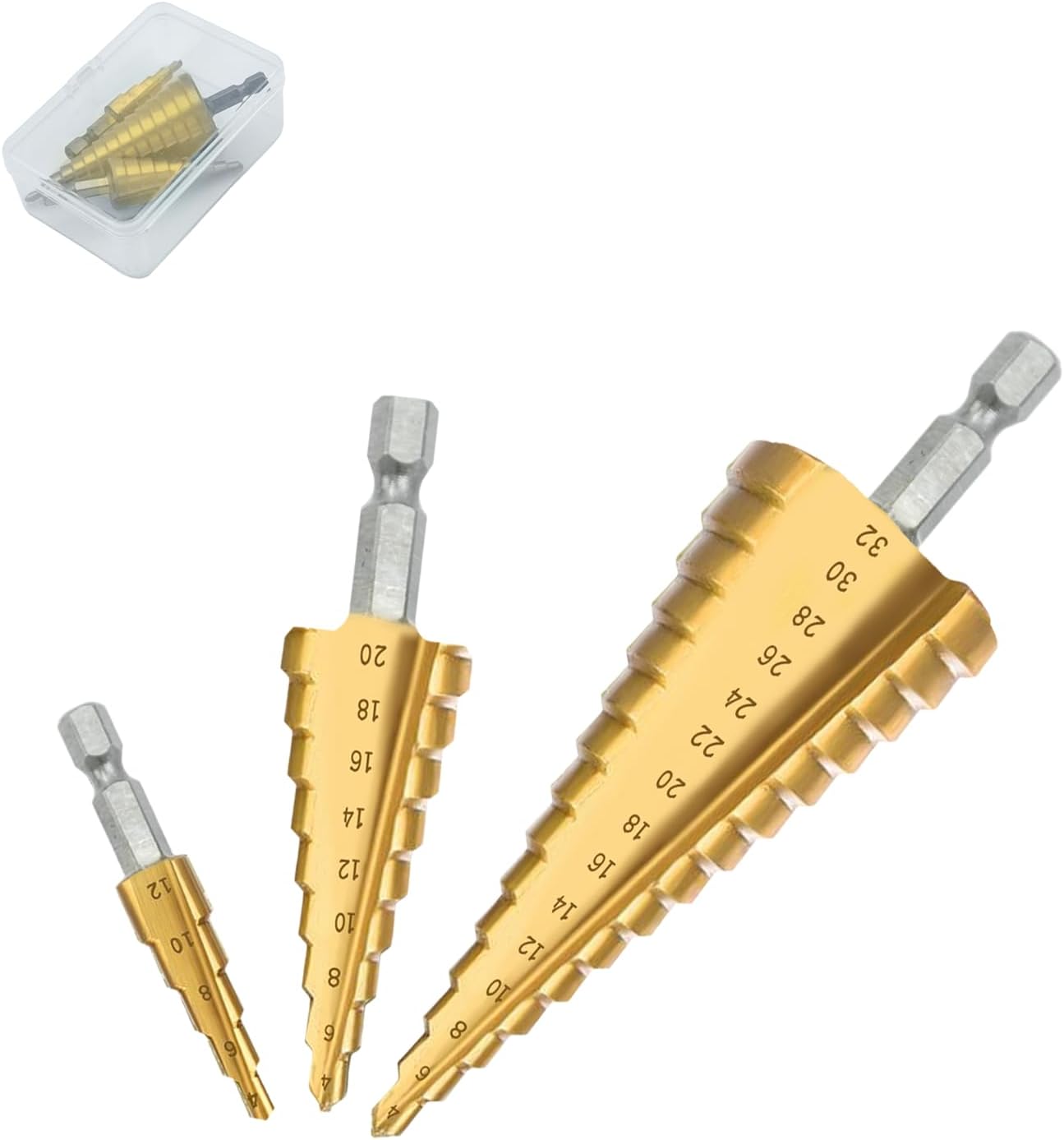 3 pcs HSS Step Cone Drill Bits, Titanium Coated, 4-12/4-20/4-32 mm All-in-One High Speed Steel Step Drill Bits Set for Wood, Sheet Metal, PVC and Thin Metals