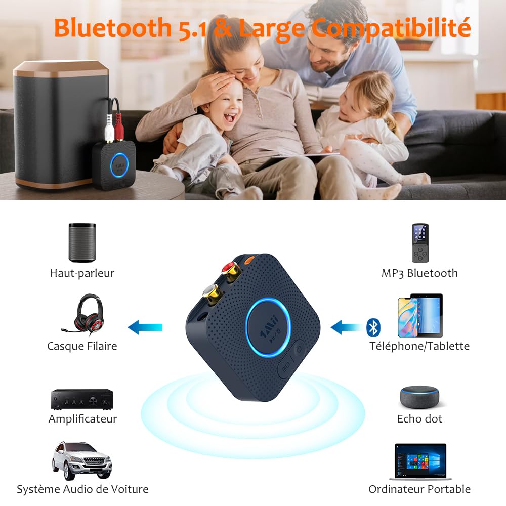 1Mii B06HD Récepteur Audio Bluetooth 5.1, Adaptateur Bluetooth pour HiFi Système Stéréo Domestique, avec aptX HD Faible Latence Low Latency 3D Surround, 15hrs Playtime, RCA 3,5mm AUX Jack