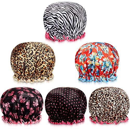 6 Pieces Women Shower Caps Waterproof Shower Hat Large Hair Cap Elastic Bath Cap Double Layer Hair Cap for Women All Hair Lengths and Thicknesses