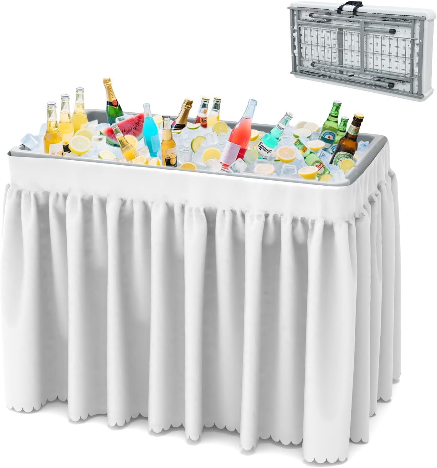 SHAREWIN Folding Ice Cooler Table, Skirt &Drain Hose Plastic Chill Table to Keep Drinks Cool, Portable Foldable Self-Serving Beverage Cooling Bar for Parties, Picnics, Barbecues, Fishing(White White Standard