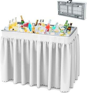 Folding Ice Cooler Table, Skirt &Drain Hose Plastic Chill Table to Keep Drinks Cool, Portable Foldable Self-Serving Beverage Cooling Bar for Parties, Picnics, Barbecues, FishingWhite