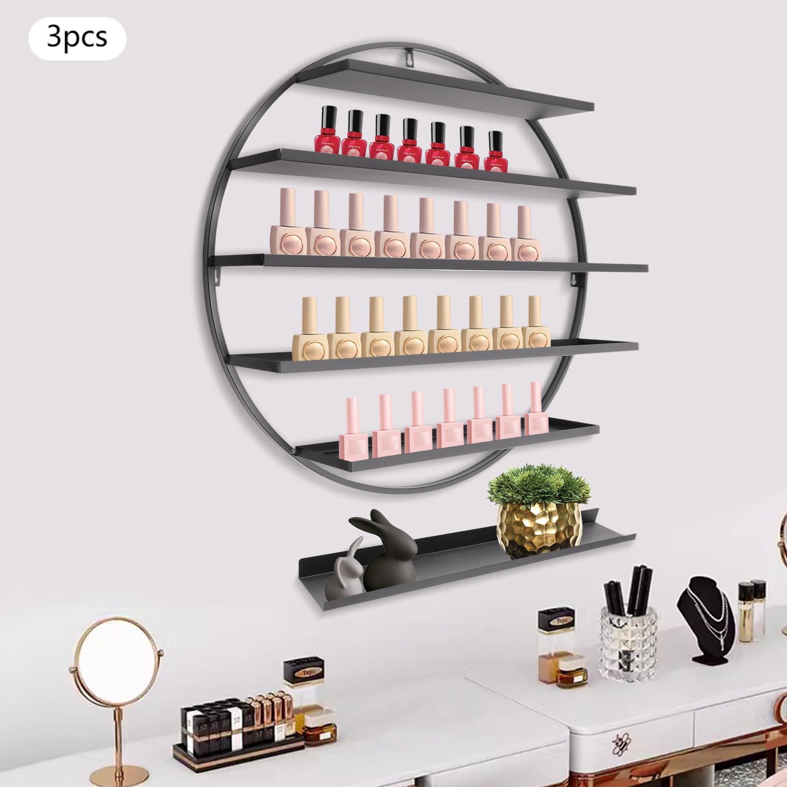 5-Etagen Runde Nagellack Wandhalterung, 6er Set, Metall Schwarz, Wandmontage, 10kg Tragkraft, Nagelsalon Aufbewahrung Display Ständer