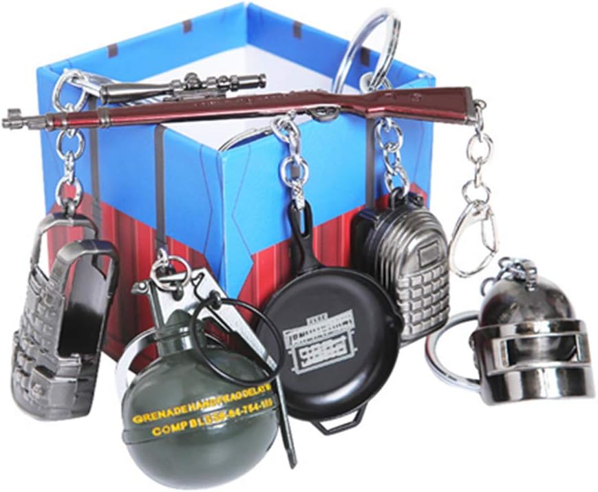 Zzooi Set of 6 Mini Metal Game Equipment Keychain Including 98K Pan Level 3 Helmet Backpack and Body Armor Iron Key Ring Pendant