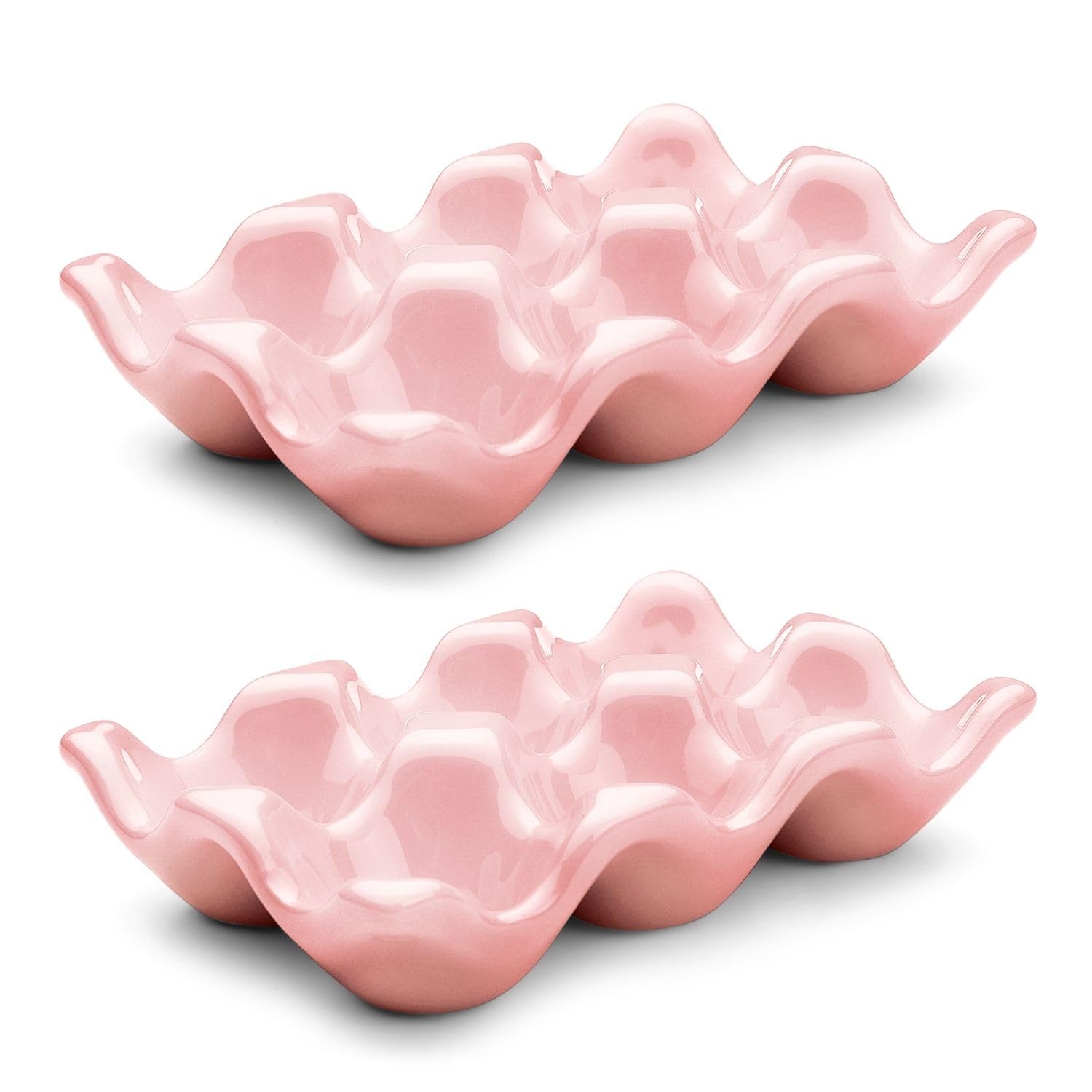 Flexzion Ceramic Egg Holder for Fridge, 12 Cup Porcelain Egg Tray, Pink