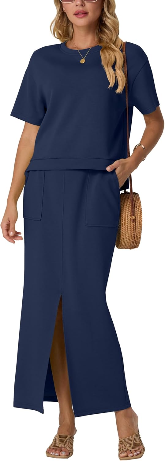 GRECERELLE Women Summer Casual 2 Piece Sets Crew-Neck Wrinkle-Free Top & Elastic Waist Maxi Front Slit Skirt with Pockets - Image 4