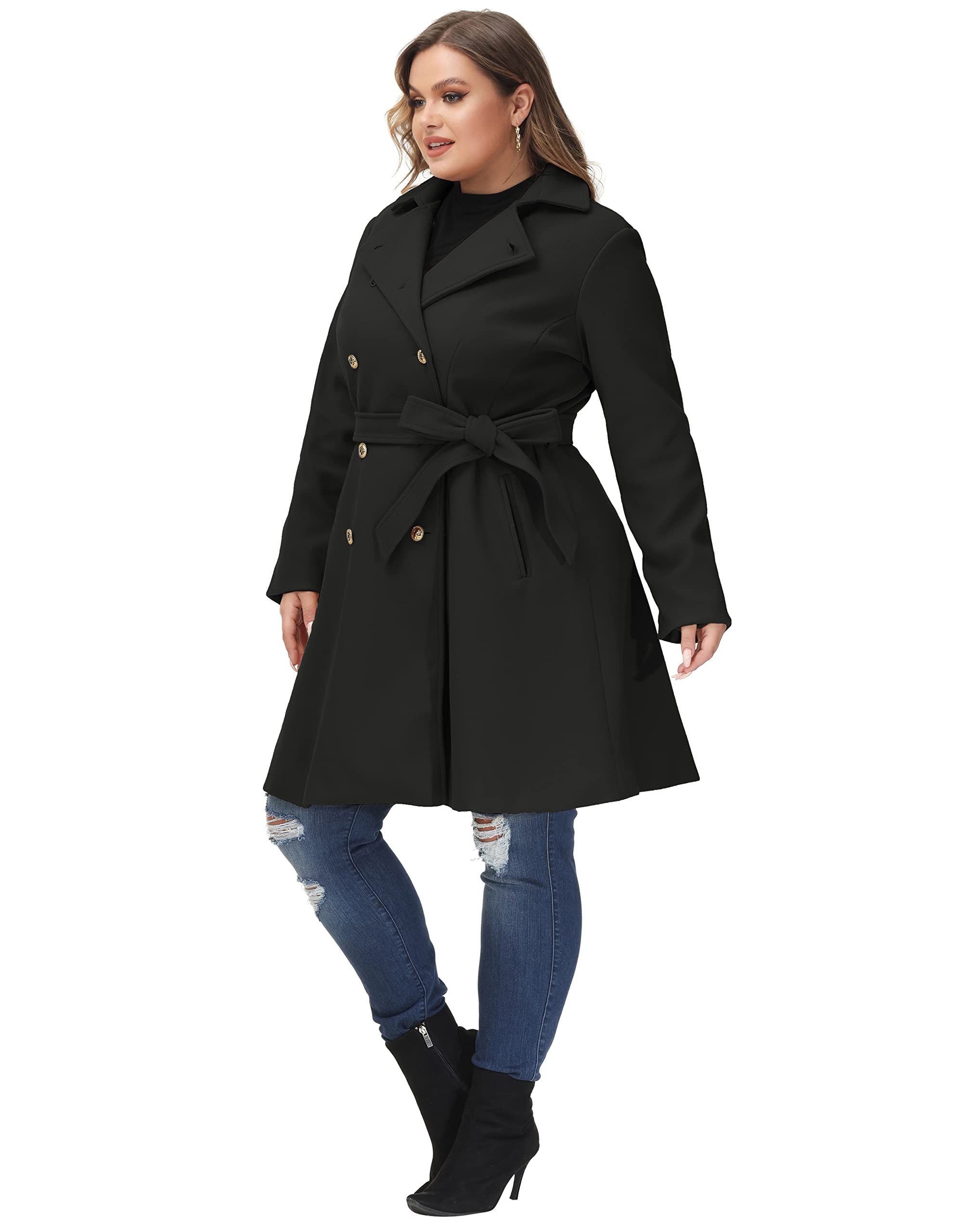 Hanna Nikole Abrigo de lana para mujer, talla grande, doble botonadura, abrigo de invierno con cinturón de bolsillo, cortavientos midi de manga larga
