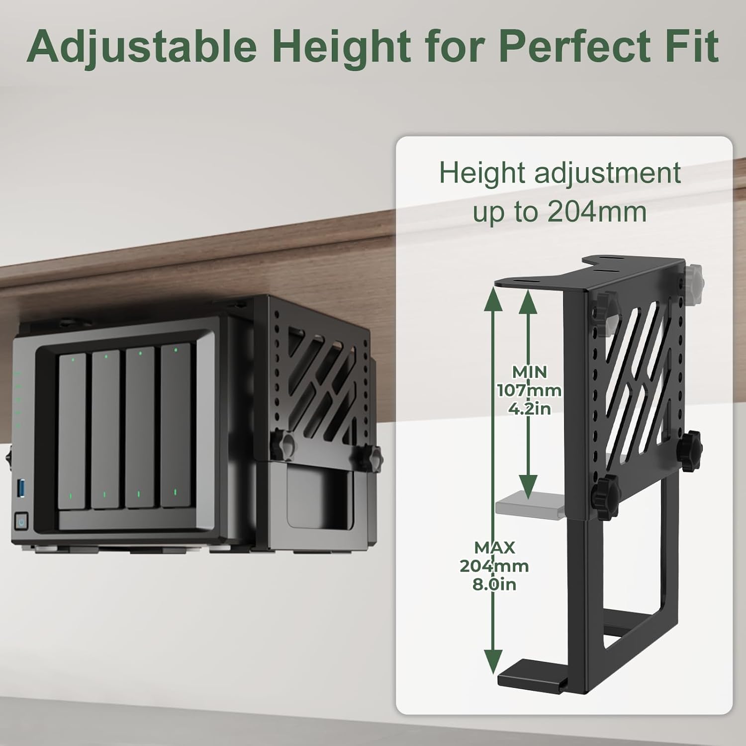Under Desk Mount Holder for NAS, Mini PC, CPU, UPS, DVD, Label Printer, SFF Desktop Tower, Xbox Series S, Xbox One S/X, Xbox 360, PS4 Slim/Pro, Adjustable Height Under Desk PC Mount with Cable Straps