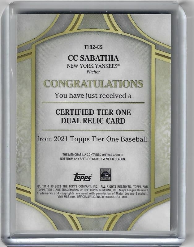 CC Sabathia Serial Numbered #22/25 Tier One Dual Relic Collectible Baseball Card - 2021 Topps Tier One Baseball Card #T1R2-CS (Yankees)