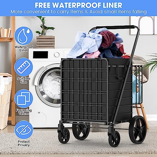 450lbs Capacity Shopping Cart,Upgrade Huge Grocery Cart on Wheels,Heavy Duty Foldable Utility Shopping Carts with Double Basket and 360° Rolling Swivel Wheels for Groceries Laundry Transport 1