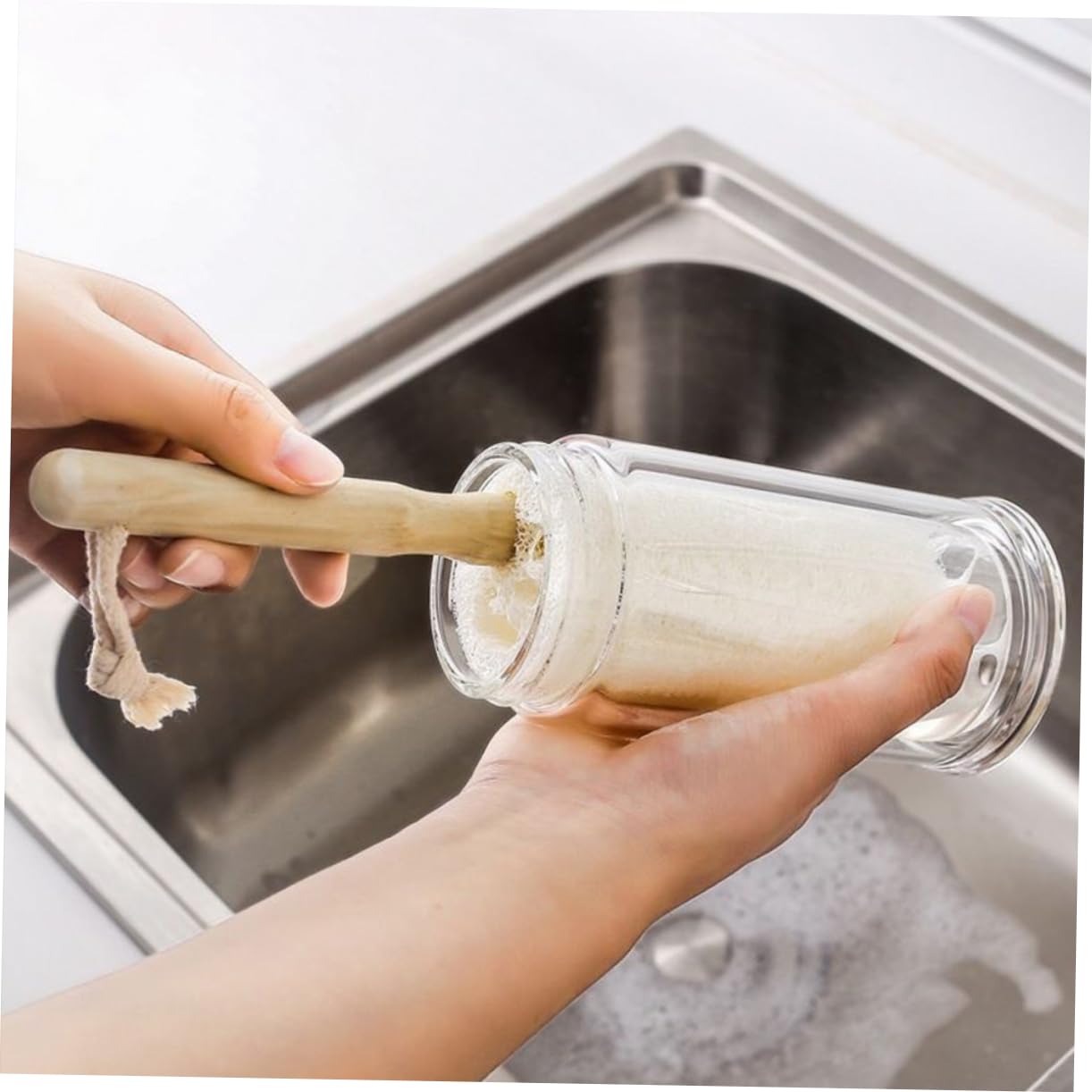 IMIKEYA 5 Ensembles Brosse De Nettoyage en Luffa Brosse À Vaisselle Nettoyeur De Bouteille d'eau Gourde Hydro Balayette Brosse pour Le Nettoyage Goupillon De Cuisine en Bois 3 Pièces * 5