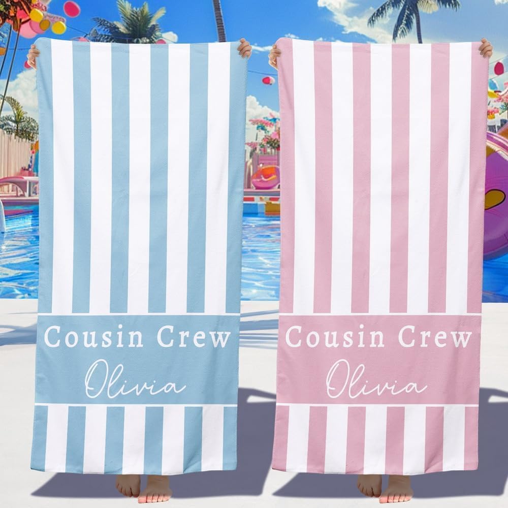 Loosusu Personalised Beach Towels for Kids - Custom Cousin Crew Beach Towels with Monogram & Name- Sand Free Quick Dry Striped Swim Towels for Kids,Customised Bath/Pool Towel for Boys Girls
