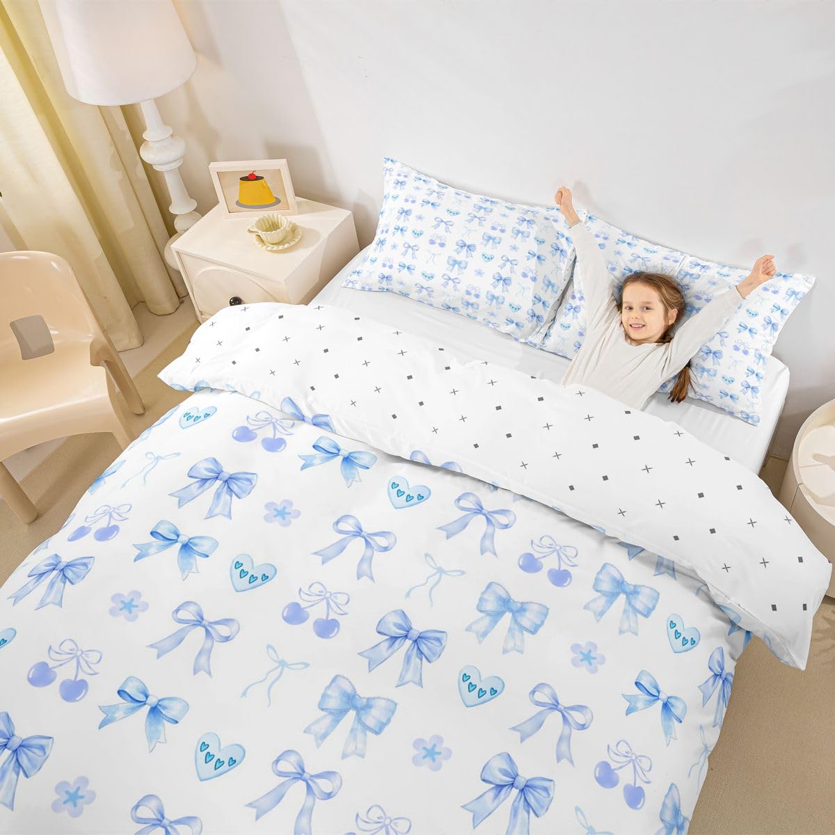 Homewish Blue Cherry Bow King Size Zestawy poszewek na kołdrę dziewczęca urocza pościel w kształcie serca dla dorosłych nastolatków kobiet urocza wstążka kokardka poszewka na kołdrę miłość walentynki