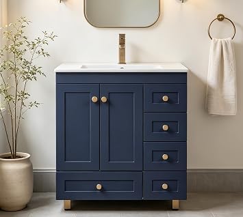 30 Inch Navy Blue Freestanding Bathroom Vanity with Ceramic Sink, Mid-Century Storage Cabinet with Soft Close Doors & Drawers, Gold Hardware 30 Blue Vanity for Small Bathrooms