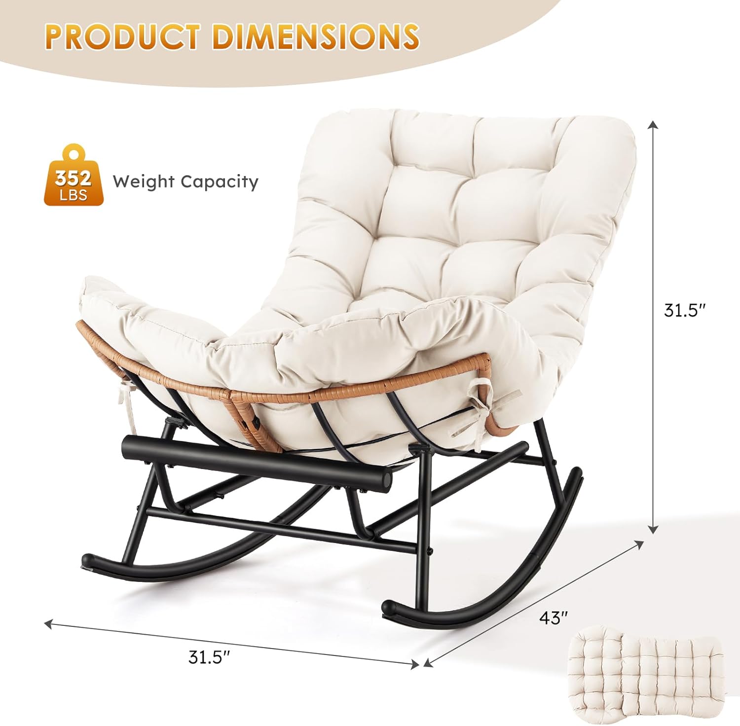 GAOMON Papasan Rocking Chair with Foot Rest and Thick Waterproof Cushion, Ergonomic Papasan Chair with Metal Frame & PE Rattan Lounge Chairs for Patio, Garden, Lawn Living Room and Relaxation Space