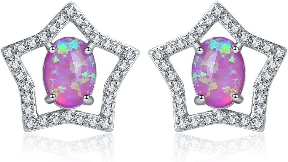 Exquisite five-pointed star design for the ladies Silver Stamped pink Fire Opal Stud Earrings OE728