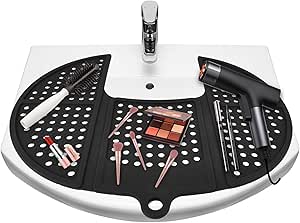 YHJWW Foldable Bathroom Sink Cover for Counter Space, Heat Resistant Silicone Makeup Organizer Mat for Your Beauty Routine, Small Bathroom &amp; Rv Camper Travel Must Haves Accessories, Black