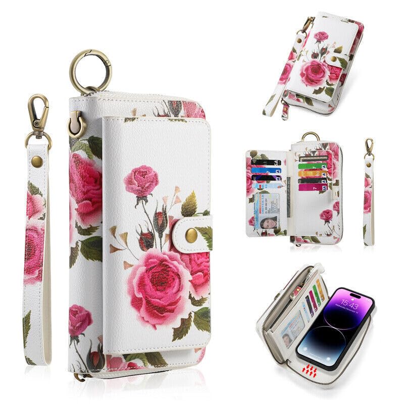 Coque iPhone 16 portefeuille motif floral blanc pour organiser vos sorties en toute légèreté