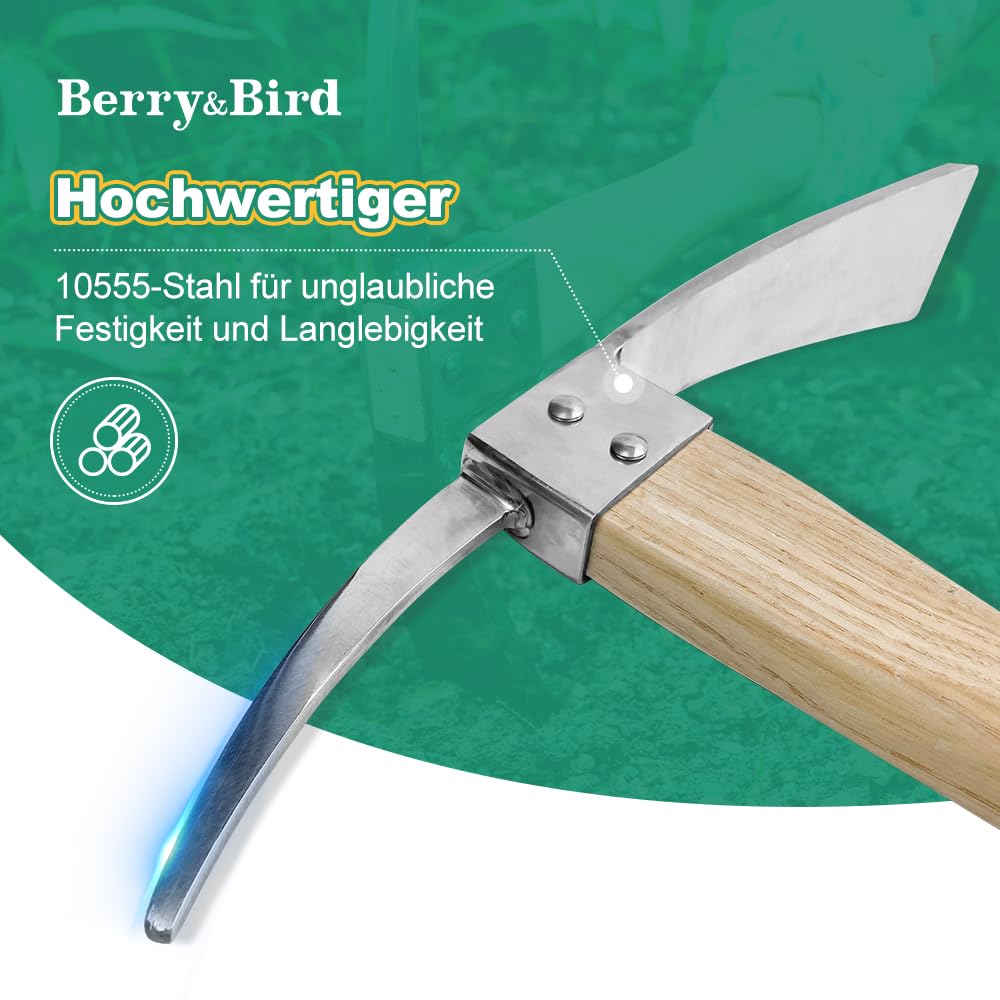 Berry&Bird Gartenhacke Pickel Hoe, Edelstahl-Spitzhacke, Hacke mit Holzgriff, Robustes Handhacke zum Umpflanzen, Graben, Pflanzen, Auflockern von Erde, Spitzhacken für Gartenarbeit, Camping