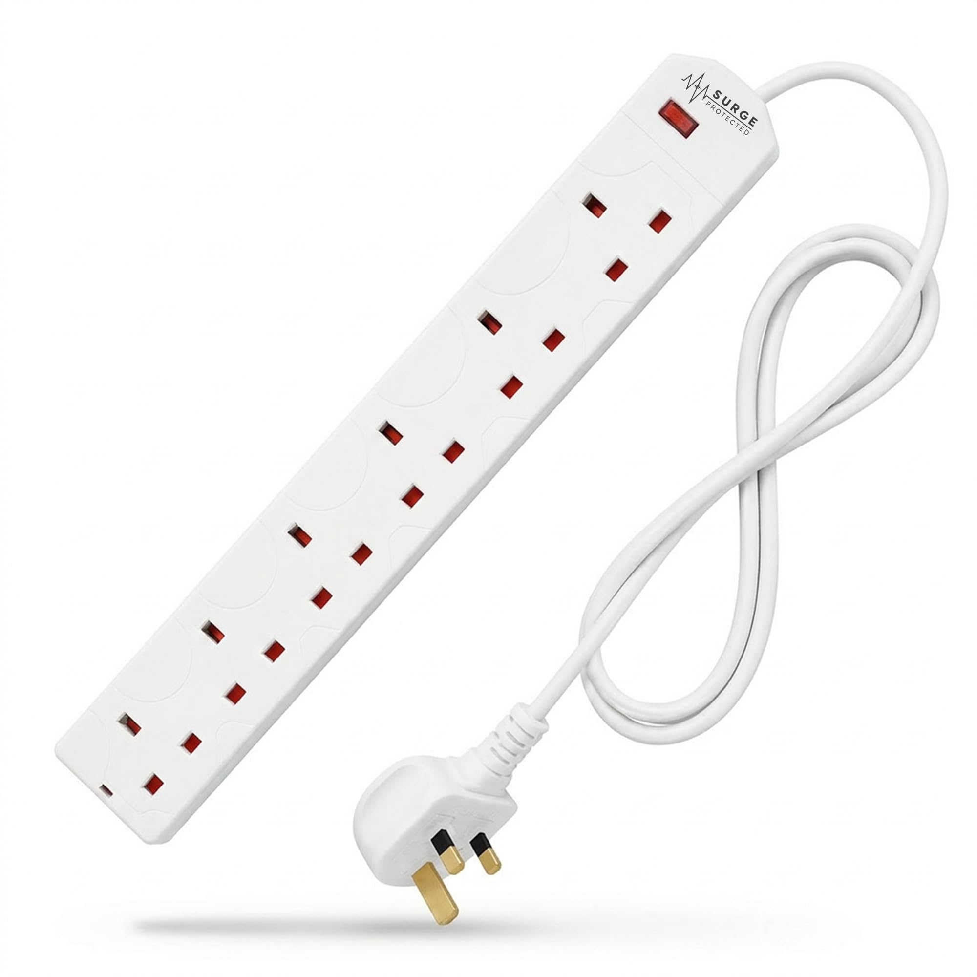 DESIRETECH White Electric Extension Lead - 6 Gang, 2 Metre Cable with UK Plug & 3 Pin Socket - Wall Mountable Multi Socket Mains Strip for Home, Bedroom, Kitchen, & Office – Surge Protection (1 Pack)