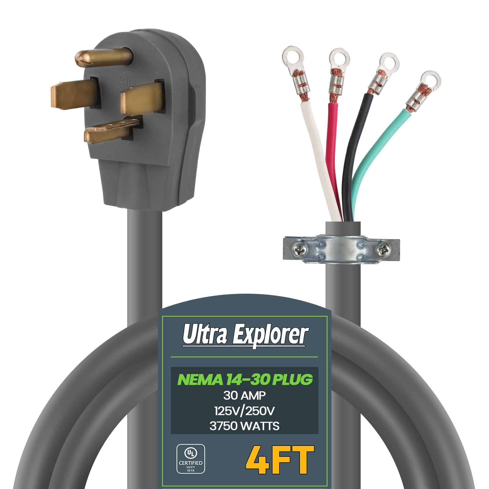 Ultra Explorer 4 Prong Dryer Cord, 4 Feet Dryer Power Cord 30Amp 4 Wire Appliance Extension Power Cord, NEMA 14-30, Grey