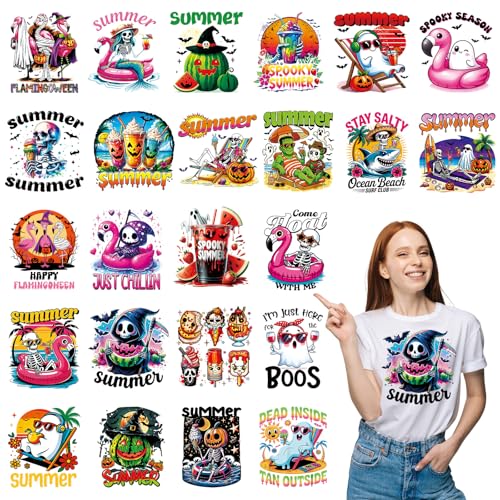 Papiailove 24Pcs Summer Halloween DTF Transfers Ready to Press Spooky Summer Ghost Skeleton Pumpkin Heat Transfer Designs for T Shirts Tote Bags Pillows DIY Clothing and Craft Projects