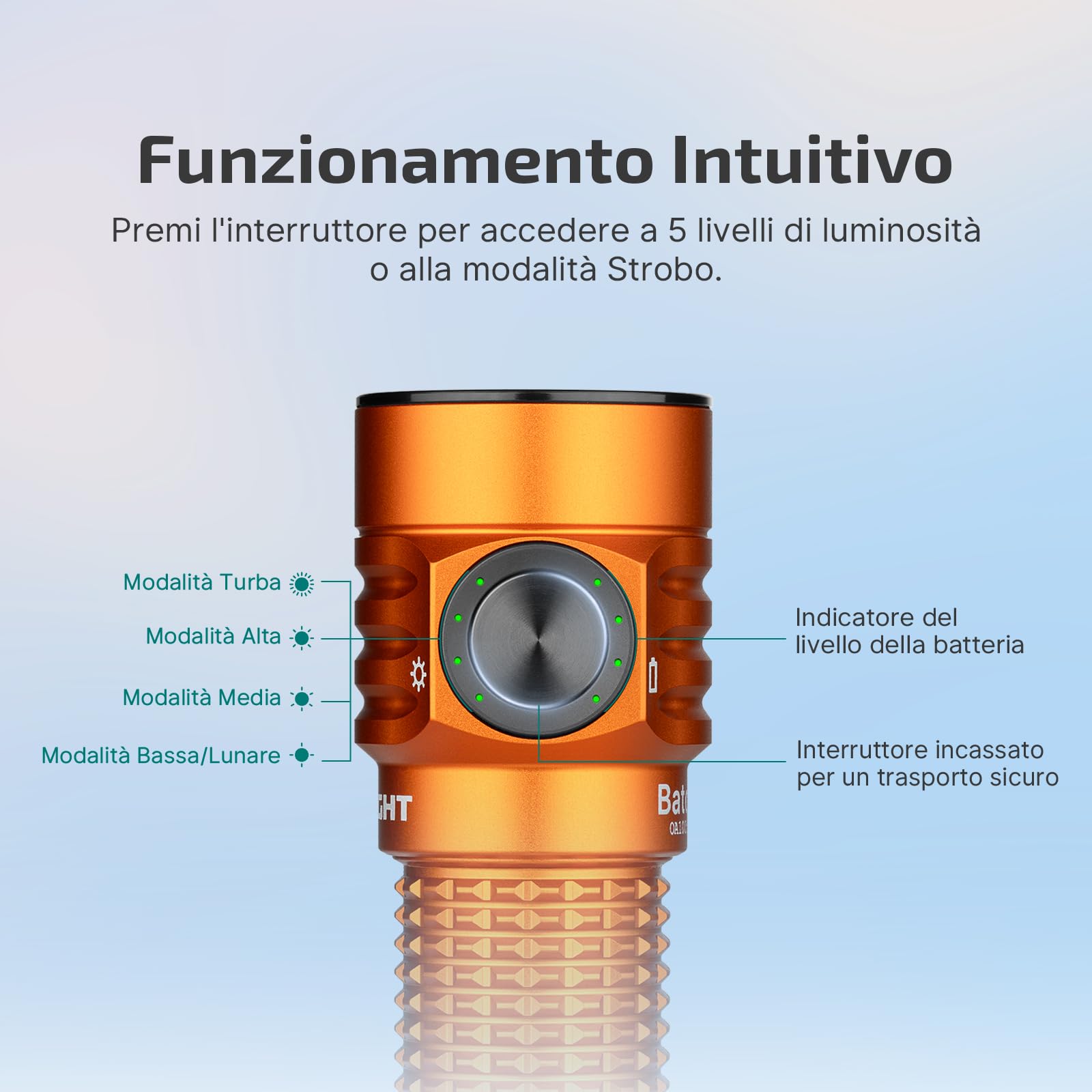 OLIGHT BatonTurbo Torcia 1000 Lumen 510 Metri di Alcance LED Portatile Ricaricabile ad Alta Potenza per Illuminazione Notturna Campeggio Escursionismo Explorazione di Grotte e Uso Domestico(Arancione)