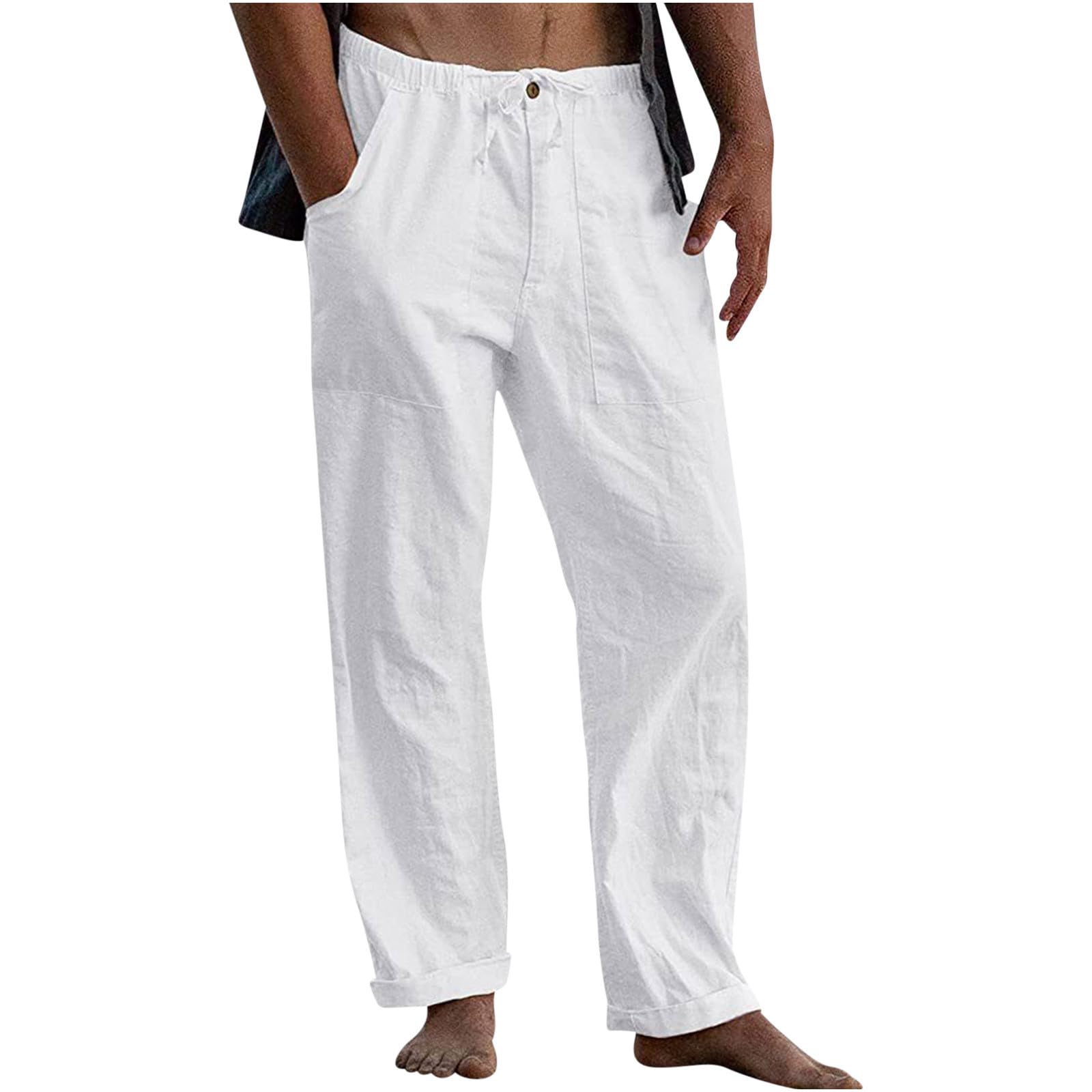 Linen Pants Men Cotton Plus Size Wide Straight Leg Elastic Waist Baggy Trousers with Pockets Dress Pants Lounge