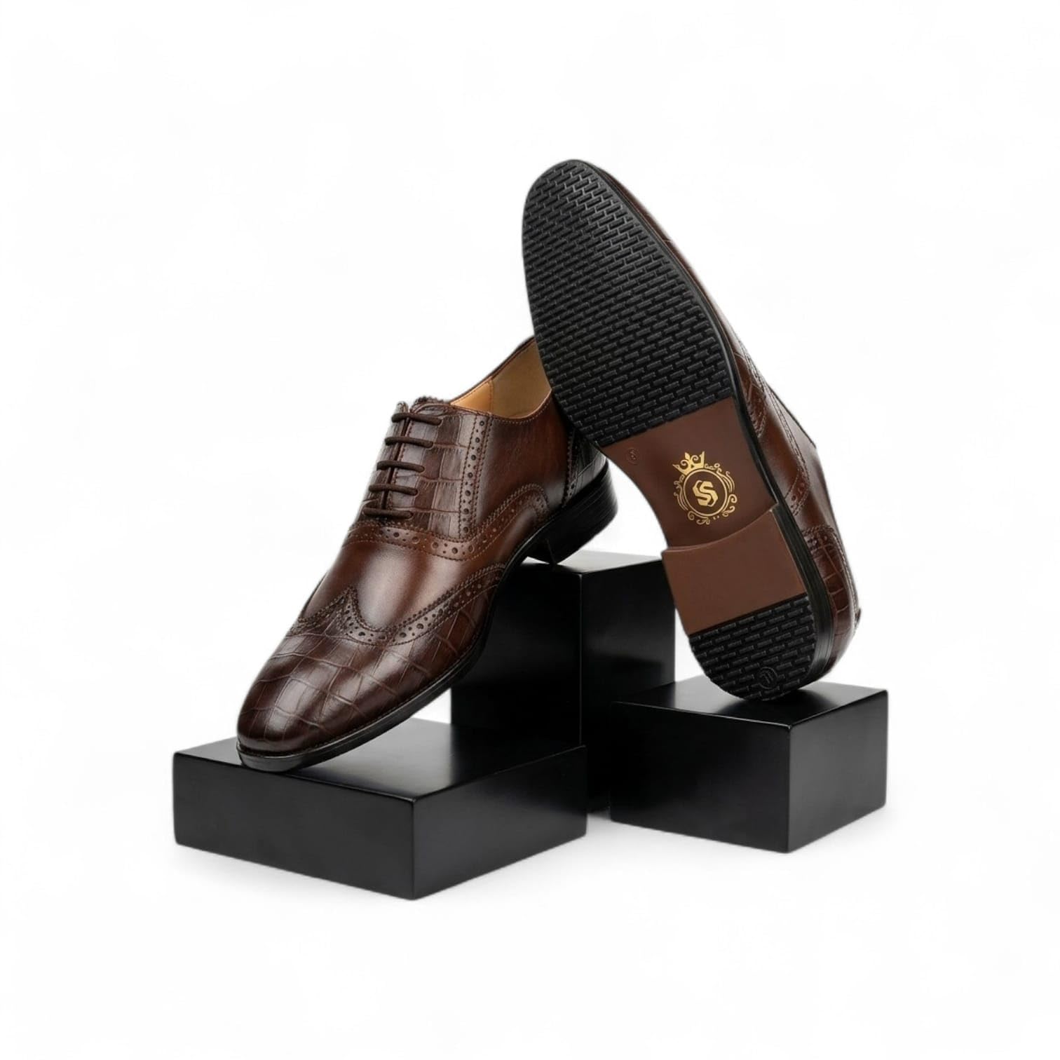 Men's Genuine Leather Wingtip Oxford Shoes - Premium Brown-TAN Brogue Formal Shoes with Crocodile Texture & Anti-Slip Sole-image-41