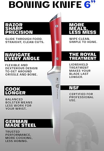 Miniatura 5 de Dalstrong Cuchillo para deshuesar, 6 pulgadas, serie Gladiator, acero alemán de alto carbono, mango ABS rojo carmesí, talla de carne, recorte,