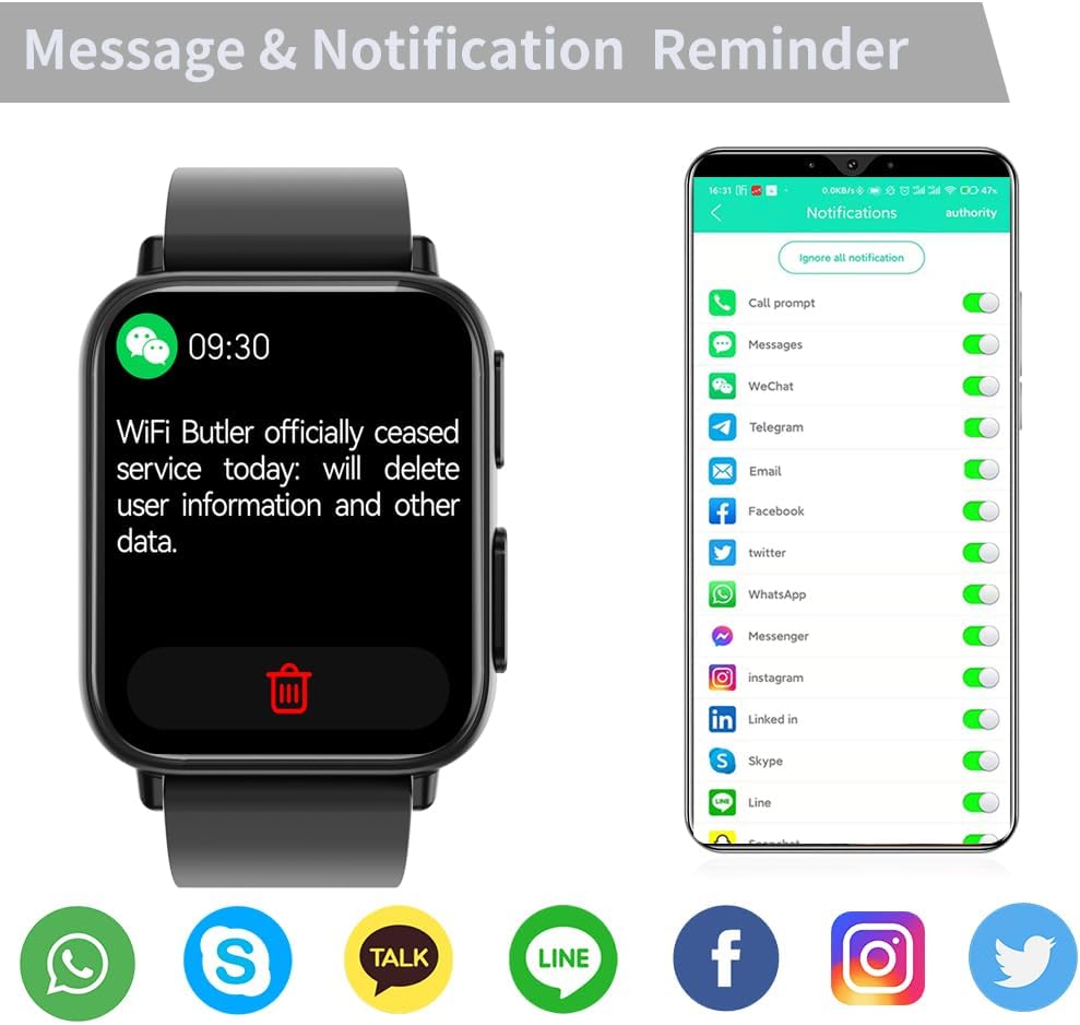 DigiKuber TK10 smartwatch displaying a message notification, with a smartphone screen showing notification settings for various apps.