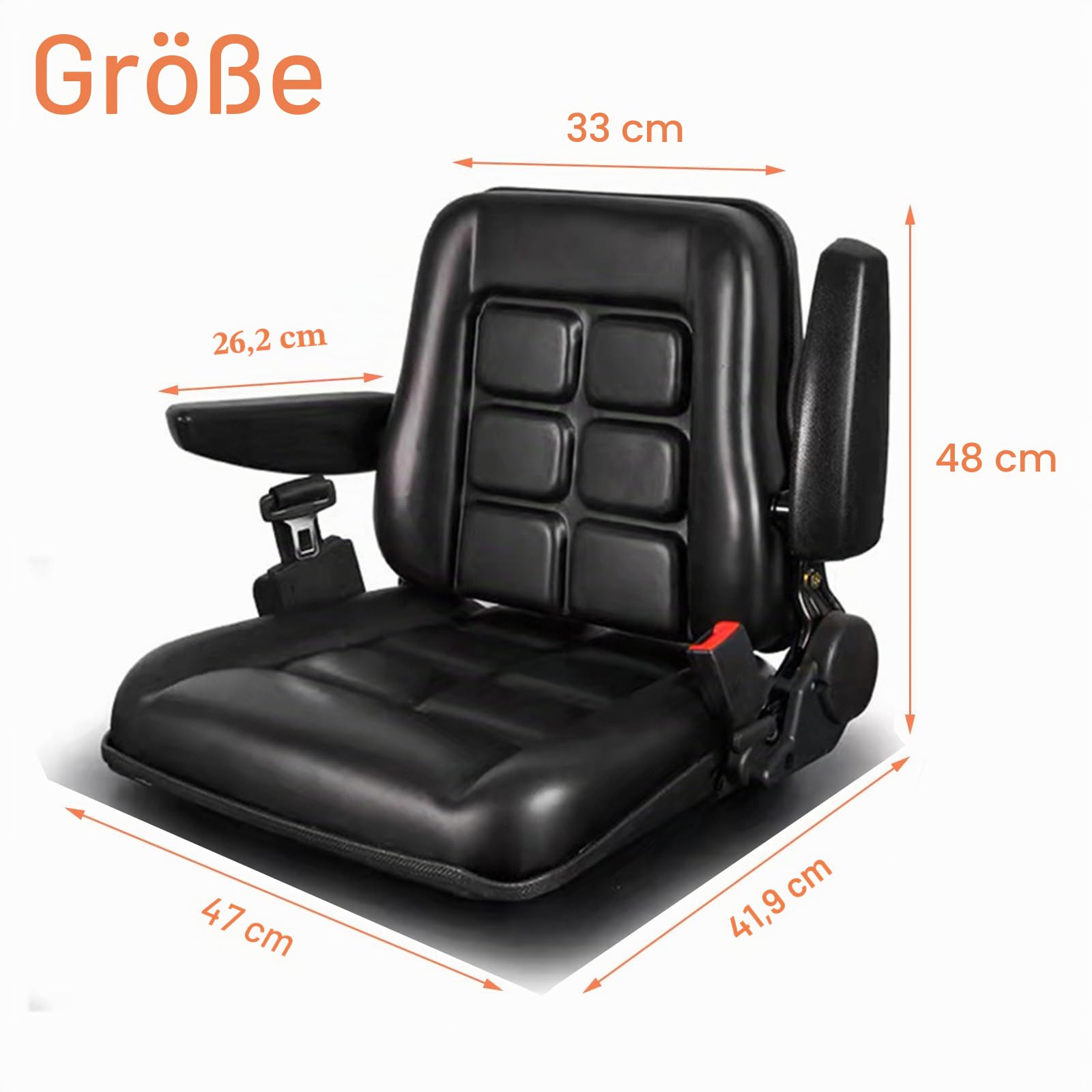 Universal verstellbarer Gabelstaplersitz mit Sicherheitsgurt, Arm- und Rückenlehne, wasserdichter PVC-Sitz für Traktor Bagger